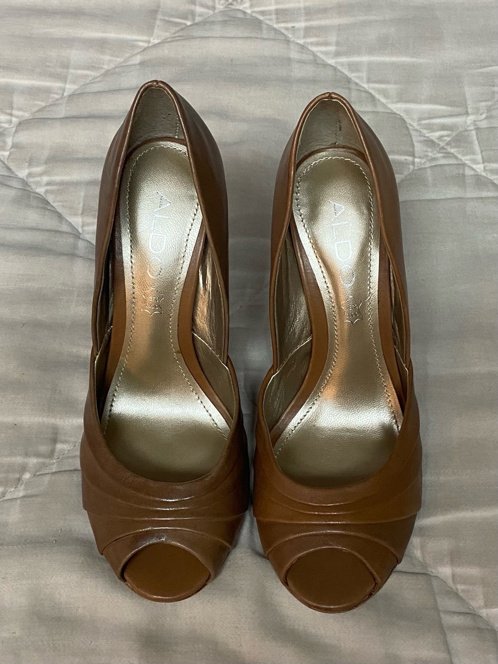 Brand New - ALDO Brown Leather Peep-Toe Pumps